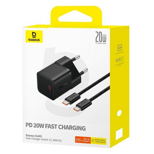 МЗП Baseus GaN5 Fast Charger (mini) PD20W (1USB-C) + кабель Type-C to Type-C (P10110900113) Cluster Black - зображення 3 