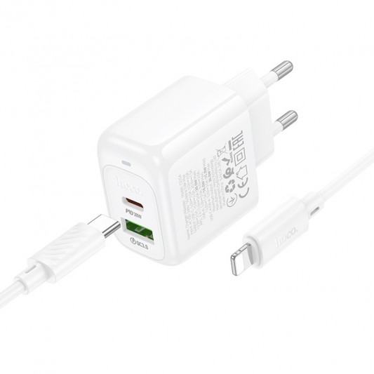 МЗП Hoco CS55A Surplus PD30W+QC3.0 (1USB-A/1C) + кабель Type-C to Lightning White - зображення 2 