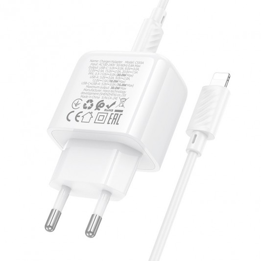 МЗП Hoco CS55A Surplus PD30W+QC3.0 (1USB-A/1C) + кабель Type-C to Lightning White - зображення 6 