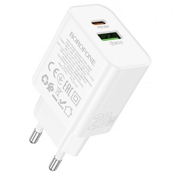 Блок живлення Borofone BA88A Navy PD20W+QC3.0 (1USB-A/1C) White