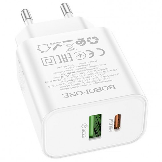 Блок живлення Borofone BA88A Navy PD20W+QC3.0 (1USB-A/1C) White