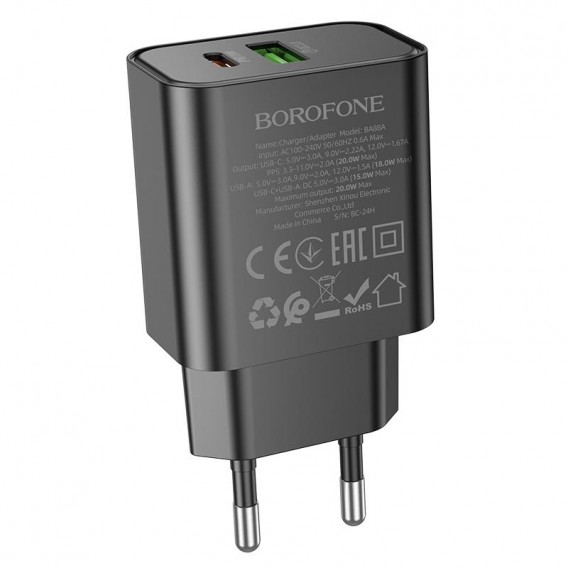 Блок живлення Borofone BA88A Navy PD20W+QC3.0 (1USB-A/1C) Black