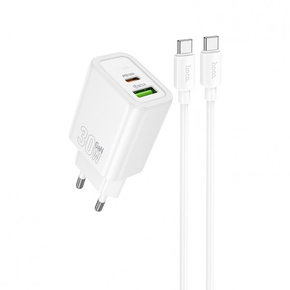 Блок живлення Hoco N63 Gentle PD30W+QC3.0 (1USB-A/1C) + кабель Type-C to Type-C White