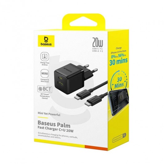 МЗП Baseus Palm Fast Charger 20W (1USB-A/1C) + кабель Type-C to Type-C (P10111608) Cluster Black - зображення 5 