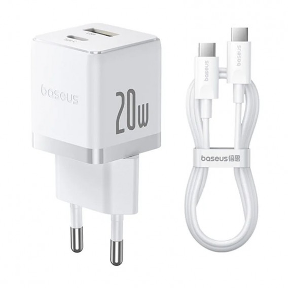 Блок живлення Baseus Palm Fast Charger 20W (1USB-A/1C) + кабель Type-C to Type-C (P10111608) Moon White