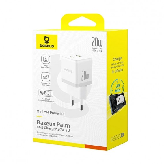Блок живлення Baseus Palm Fast Charger 20W (1USB-A/1C) + кабель Type-C to Type-C (P10111608) Moon White