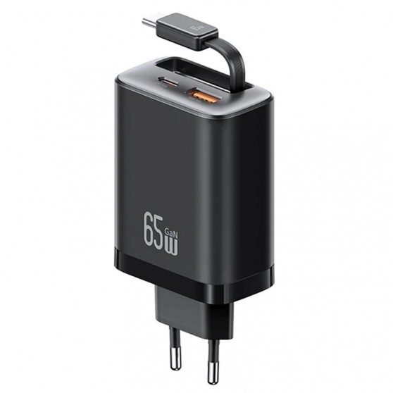 МЗП Usams US-CC299 GaN With Retractable Type-C Cable Xiang Ser. 65W (1USB-A/1C) Black