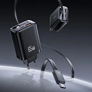 МЗП Usams US-CC299 GaN With Retractable Type-C Cable Xiang Ser. 65W (1USB-A/1C) Black