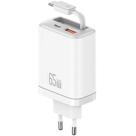 МЗП Usams US-CC299 GaN With Retractable Type-C Cable Xiang Ser. 65W (1USB-A/1C) White