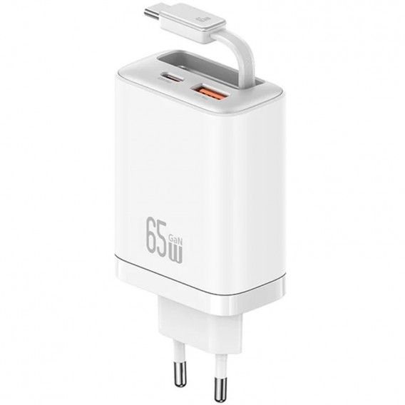 Блок питания Usams US-CC299 GaN With Retractable Type-C Cable Xiang Ser. 65W (1USB-A/1C) White