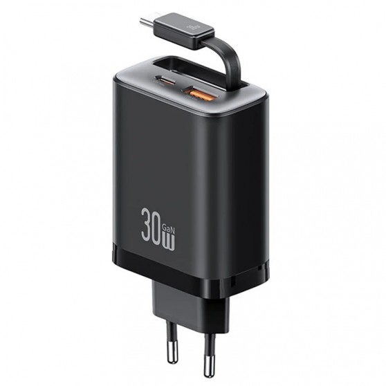 МЗП Usams US-CC296 GaN With Retractable Type-C Cable Xiang Ser. 30W (1USB-A/1C) Black
