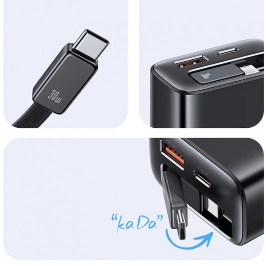 МЗП Usams US-CC296 GaN With Retractable Type-C Cable Xiang Ser. 30W (1USB-A/1C) Black - зображення 1 