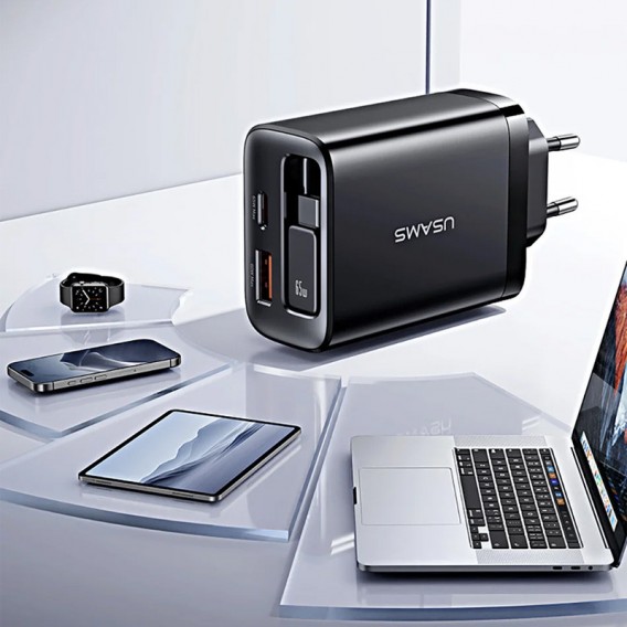 Блок живлення Usams US-CC296 GaN With Retractable Type-C Cable Xiang Ser. 30W (1USB-A/1C) Black