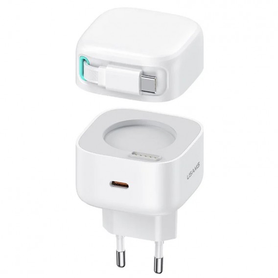 Блок питания Usams US-CC202 GaN With Type-C Magnetic Retractable Cable Module XMF Ser. 35W (2USB-C) White