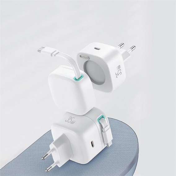 Блок питания Usams US-CC202 GaN With Type-C Magnetic Retractable Cable Module XMF Ser. 35W (2USB-C) White