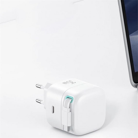 Блок питания Usams US-CC202 GaN With Type-C Magnetic Retractable Cable Module XMF Ser. 35W (2USB-C) White