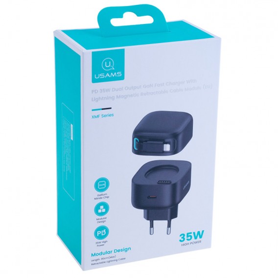 МЗП Usams US-CC209 GaN With Lightning Magnetic Retractable Cable Module XMF Ser. 35W (2USB-C) Black