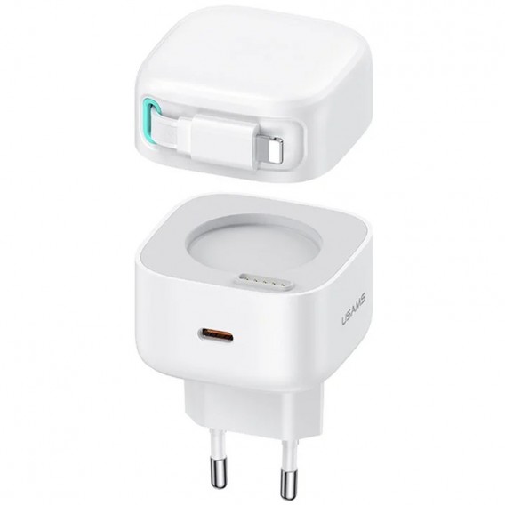МЗП Usams US-CC209 GaN With Lightning Magnetic Retractable Cable Module XMF Ser. 35W (2USB-C) White