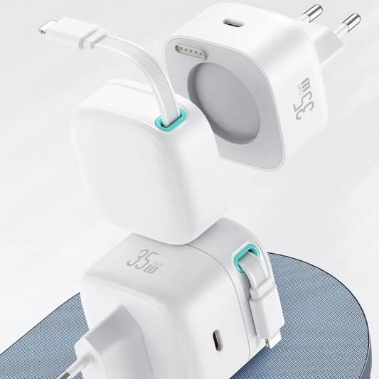 МЗП Usams US-CC209 GaN With Lightning Magnetic Retractable Cable Module XMF Ser. 35W (2USB-C) White - зображення 1 