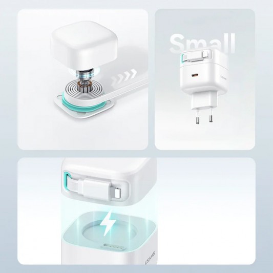 МЗП Usams US-CC209 GaN With Lightning Magnetic Retractable Cable Module XMF Ser. 35W (2USB-C) White - зображення 4 