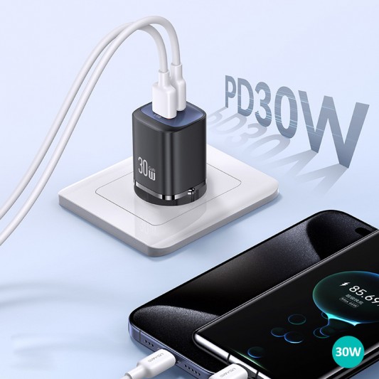 МЗП Usams US-CC254 GaN HC Ser. 30W (1USB-A/1C) Black - зображення 1 