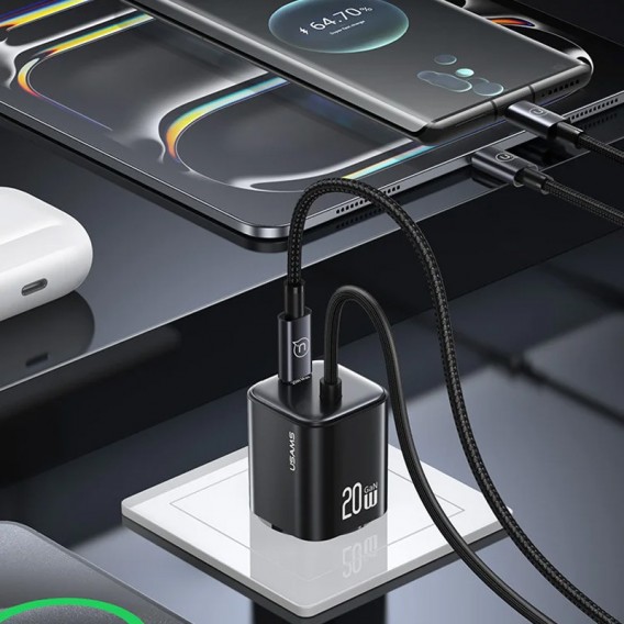 Блок живлення Usams US-CC261 GaN JC Ser. 20W (2USB-C) + кабель Type-C to Type-C Black