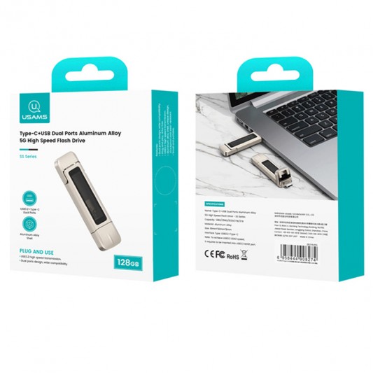 Флеш-накопичувач Usams US-ZB274 2in1 USB 3.2 + Type-C GEN1 Dual Ports Aluminum Alloy 5G – 128GB Silver - зображення 5 