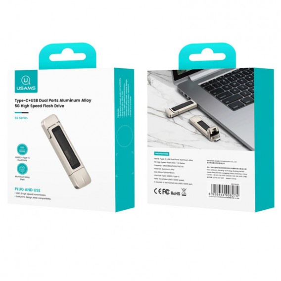 Флеш-накопитель Usams US-ZB275 2in1 USB 3.2 + Type-C GEN1 Dual Ports Aluminum Alloy 5G – 256GB Silver