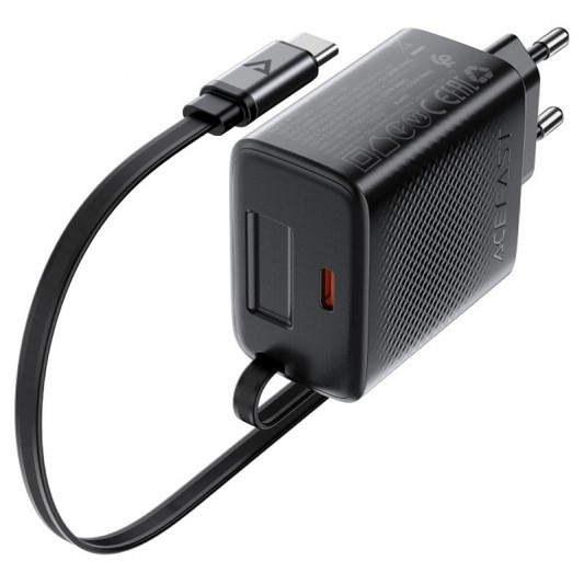 МЗП Acefast A110 GaN With Retractable Cable Type-C PD30W (1USB-C) Black - зображення 2 