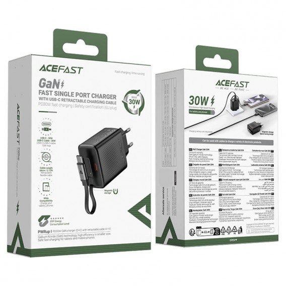Блок живлення Acefast A110 GaN With Retractable Cable Type-C PD30W (1USB-C) Black