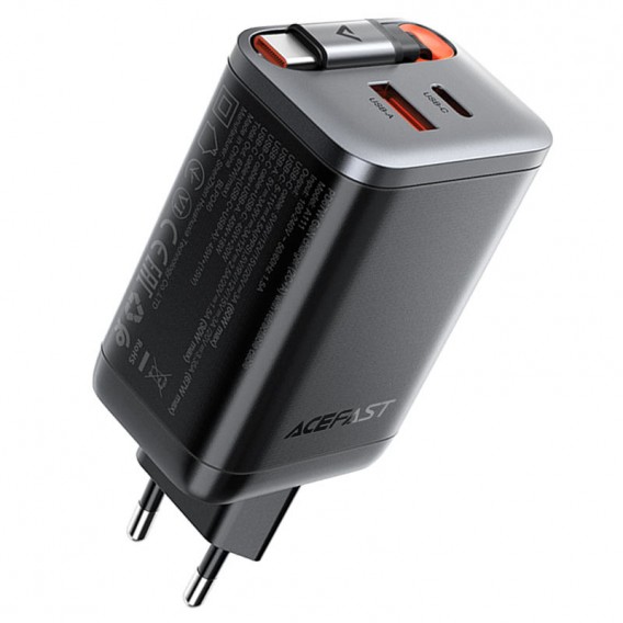 Блок живлення Acefast A111 GaN With Retractable Cable Type-C PD67W (1USB-A/1C) Black