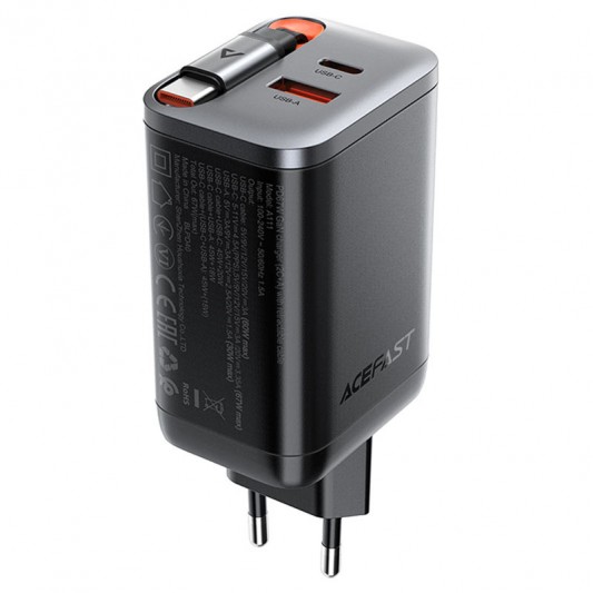 МЗП Acefast A111 GaN With Retractable Cable Type-C PD67W (1USB-A/1C) Black - зображення 1 