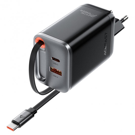 МЗП Acefast A111 GaN With Retractable Cable Type-C PD67W (1USB-A/1C) Black - зображення 2 