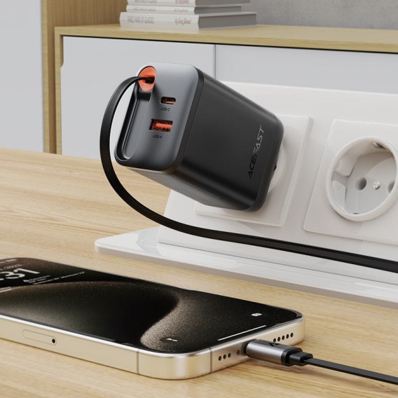 Блок живлення Acefast A111 GaN With Retractable Cable Type-C PD67W (1USB-A/1C) Black