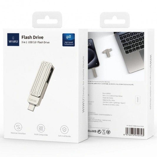 Флеш-накопичувач Wiwu Wi-FD001 3in1 (USB-A/C/L) USB 3.0 — 32GB Silver - зображення 5 