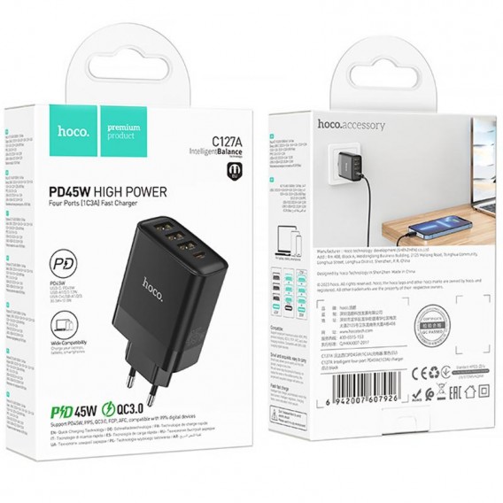 Блок питания Hoco C127A Intelligent PD45W (3USB-A/1C) Black