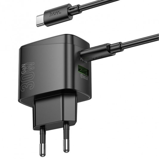 МЗП Hoco CS61A Bright PD30W+QC3.0 (1USB-A/1C) + кабель Type-C to Type-C Black - зображення 3 