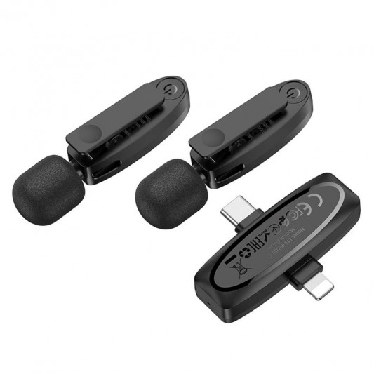 Петличний бездротовий мікрофон Hoco L15 Dual-mic clip-on wireless digital (Lightning/Type-C) Black - зображення 3 