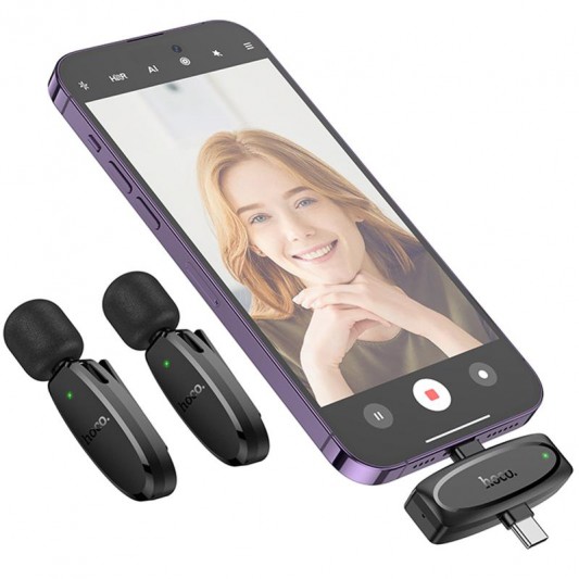 Петличний бездротовий мікрофон Hoco L15 Dual-mic clip-on wireless digital (Lightning/Type-C) Black - зображення 5 