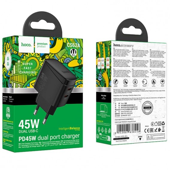 Блок живлення Hoco CS62A Bright PD45W (2USB-C) Black