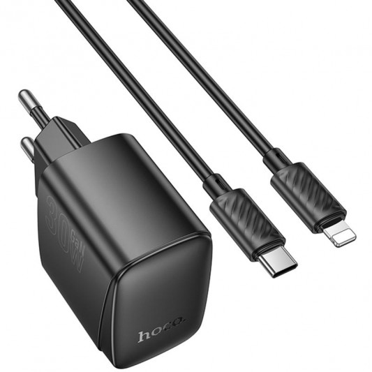 МЗП Hoco CS61A Bright PD30W+QC3.0 (1USB-A/1C) + кабель Type-C to Lightning Black - зображення 1 
