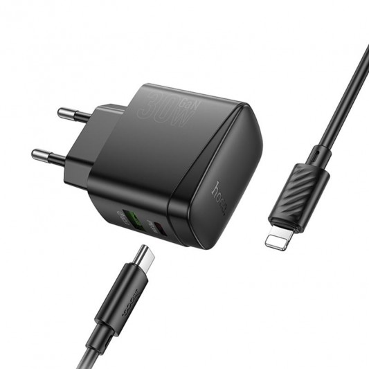 МЗП Hoco CS61A Bright PD30W+QC3.0 (1USB-A/1C) + кабель Type-C to Lightning Black - зображення 2 