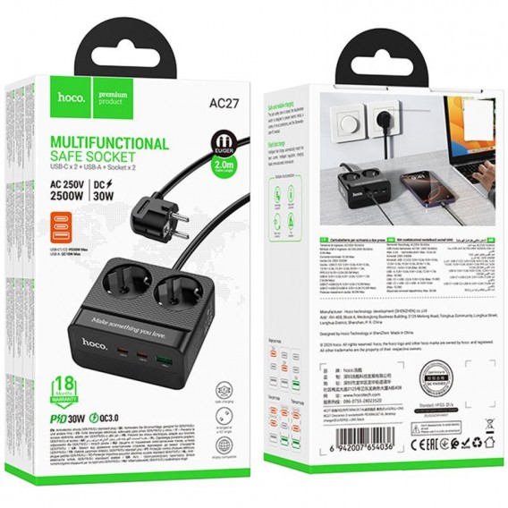 Подовжувач Hoco AC27 Descanso (PD30W/2C/1A/2xSocket) (2m) Black
