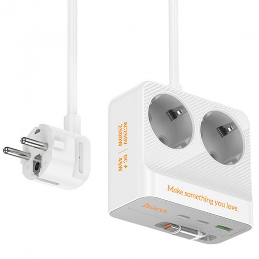 Подовжувач Hoco AC28 Descanso (PD45W/1C/3A/2xSocket) (2m) White - зображення 1 