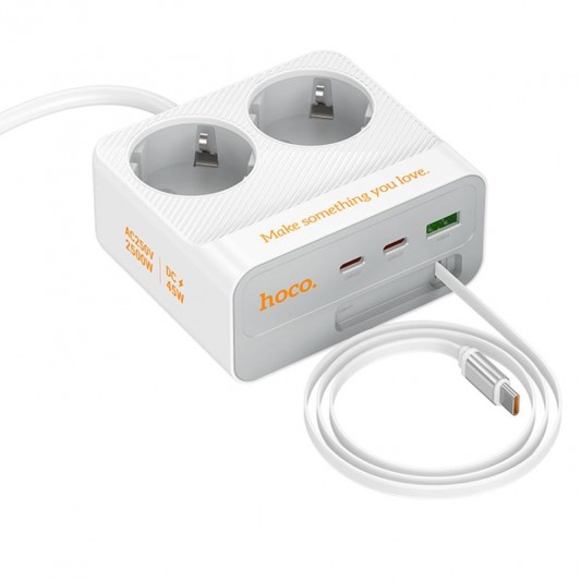 Подовжувач Hoco AC28 Descanso (PD45W/1C/3A/2xSocket) (2m) White - зображення 2 