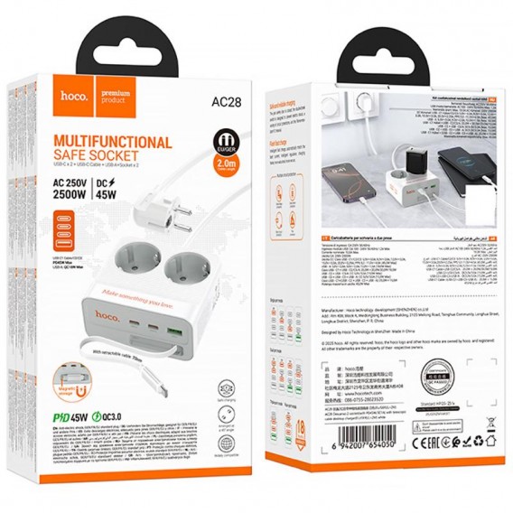 Подовжувач Hoco AC28 Descanso (PD45W/1C/3A/2xSocket) (2m) White