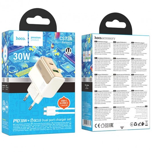 МЗП Hoco CS73A Star Speed PD30W+QC3.0 (1USB-A/1C) + кабель Type-C to Type-C White - зображення 3 
