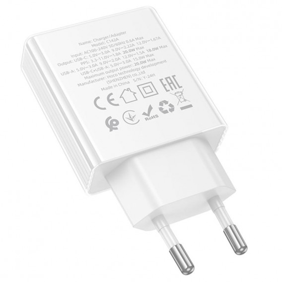 Блок живлення Hoco C142A Direct PD20W+QC3.0 (1USB-A/1C) White
