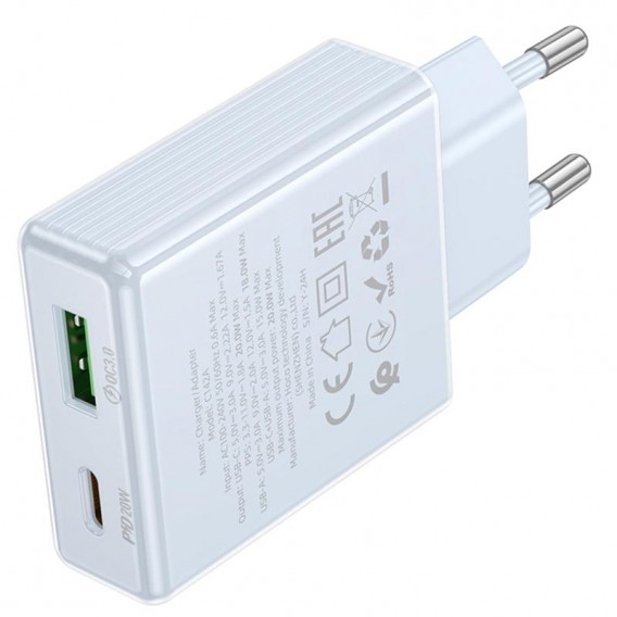 Блок живлення Hoco C142A Direct PD20W+QC3.0 (1USB-A/1C) Blue