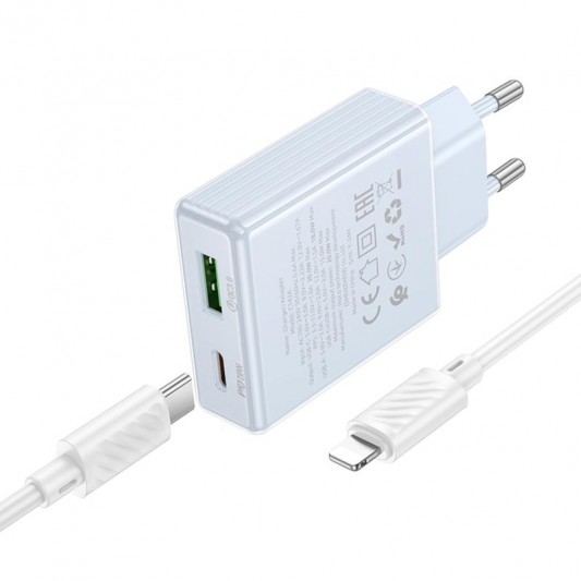 МЗП Hoco C142A Direct PD20W+QC3.0 (1USB-A/1C) + кабель Type-C to Lightning Blue - зображення 2 
